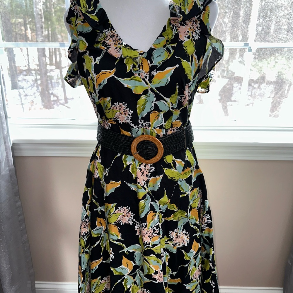 PAIGE Green and Black Ruffled Tie Front Midi Dress